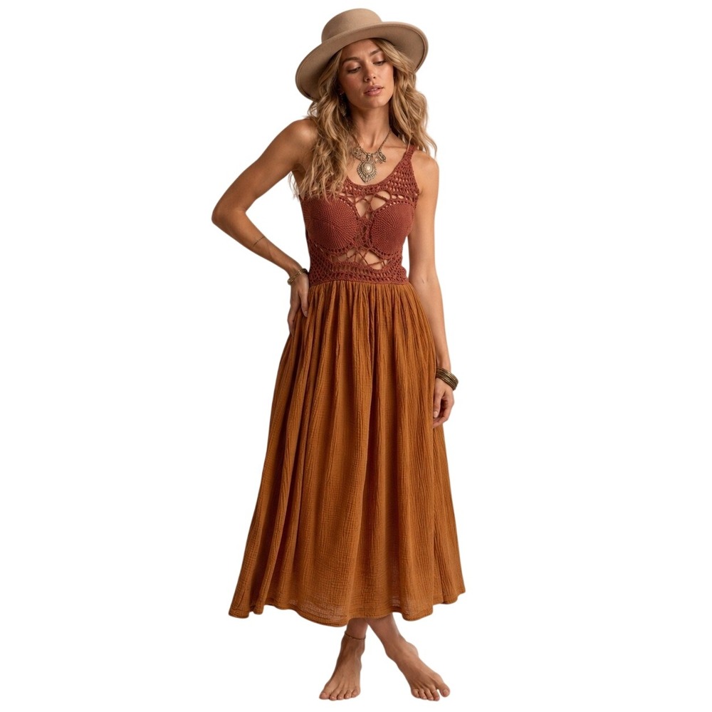 Tach Clothing Rust Crochet Gauze Midi Dress Handmade Uruguay Small Bohemian Boho